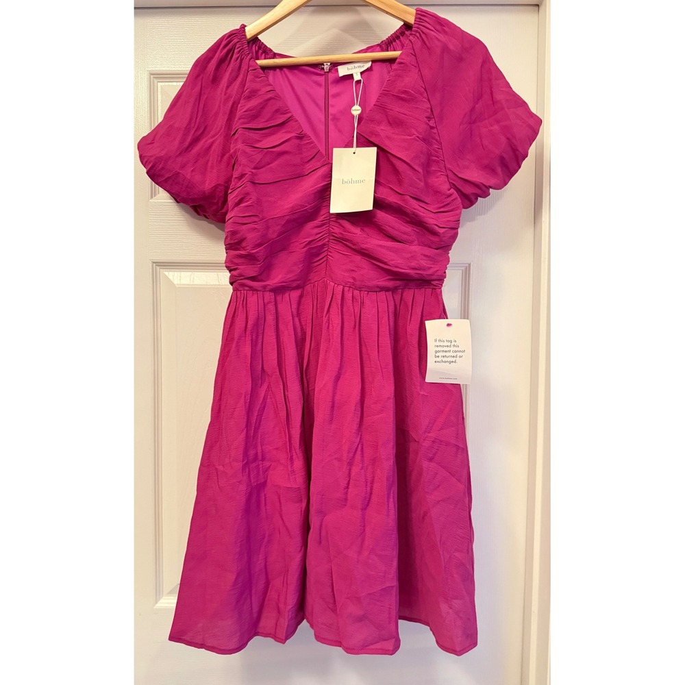 bohme Mini Dress Women Small Magenta Pink Ruched V-Neck Puff Sleeve Zip Back